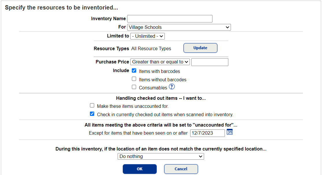 Options to specify the resources to be inventoried.